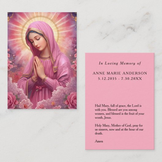 Pink VIrgin Mary Memorial Card Contactkaartje (Voorkant / Achterkant)