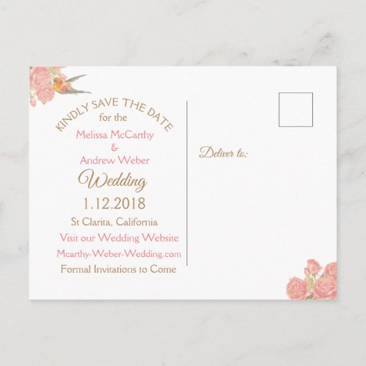 PInk vogelpest bruiloft Opslaan datum Aankondigingskaart (Achterkant)