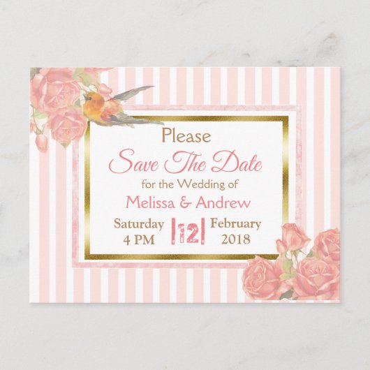 PInk  vogelpest bruiloft Opslaan datum Aankondigingskaart (Voorkant)