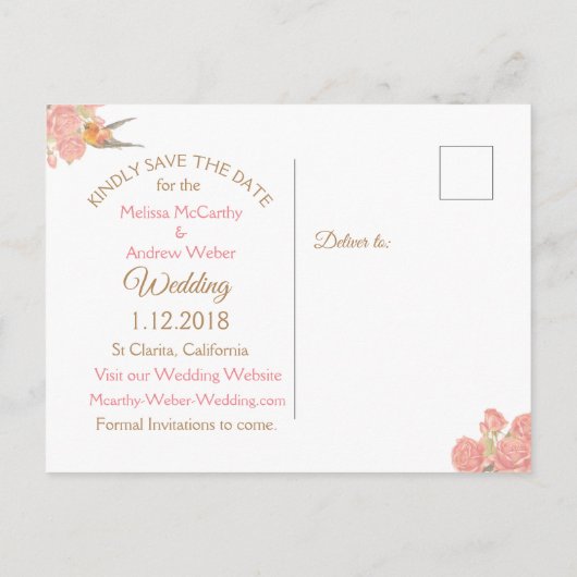 PInk  vogelpest bruiloft Opslaan datum Aankondigingskaart (Achterkant)