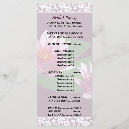 Pink Water Lilies Wedding Programme Programmakaart (Achterkant)