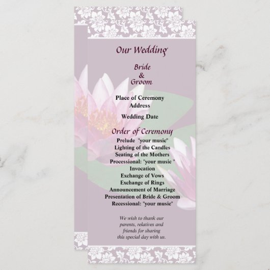 Pink Water Lilies Wedding Programme Programmakaart (Voorkant / Achterkant)