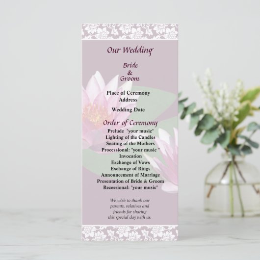 Pink Water Lilies Wedding Programme Programmakaart (Staand voorkant)