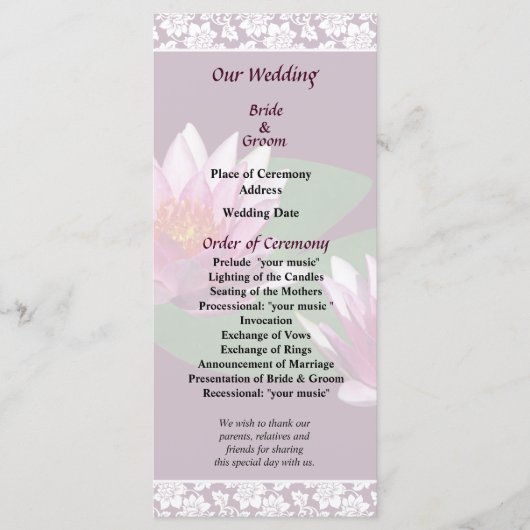 Pink Water Lilies Wedding Programme Programmakaart (Voorkant)