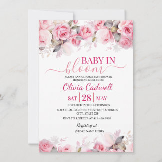 Pink Watercolor Baby In Bloom Baby Shower  Invitat Kaart