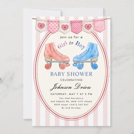 Pink Watercolor Baby Shower | Roller Skate Kaart (Voorkant)