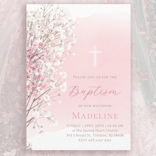 pink watercolor baby's breath | Baptism baby girl Kaart