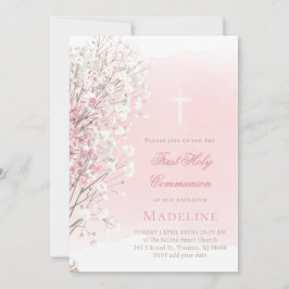 pink watercolor baby's breath |  First Communion Kaart