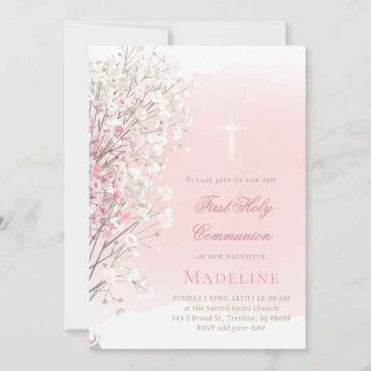 pink watercolor baby's breath |  First Communion Kaart (Voorkant)