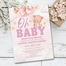 Pink Watercolor Bear Baby Shower Girl