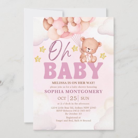 Pink Watercolor Bear Baby Shower Girl Kaart (Voorkant)