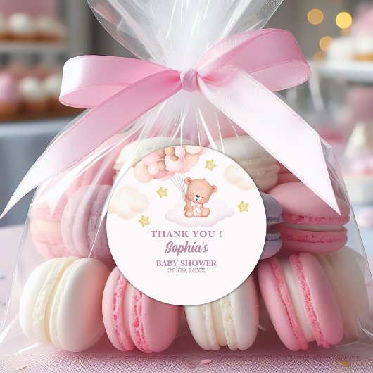 Pink Watercolor Bear Baby Shower Girl Ronde Sticker