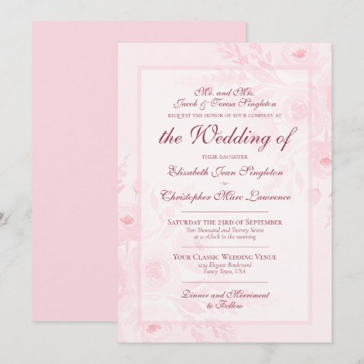 Pink Watercolor Boho Chic Peonies Formal Wedding Kaart (Voorkant / Achterkant)