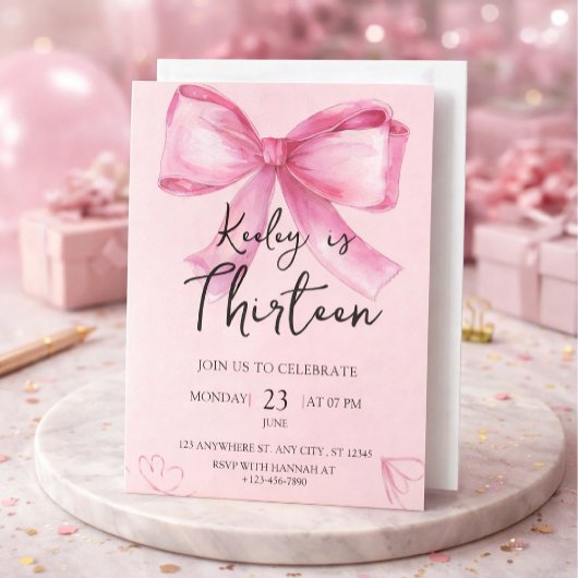 Pink Watercolor Bow Birthday Invitation Kaart