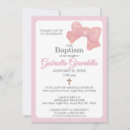 Pink Watercolor Bow & Cross Baptism Invitation Kaart