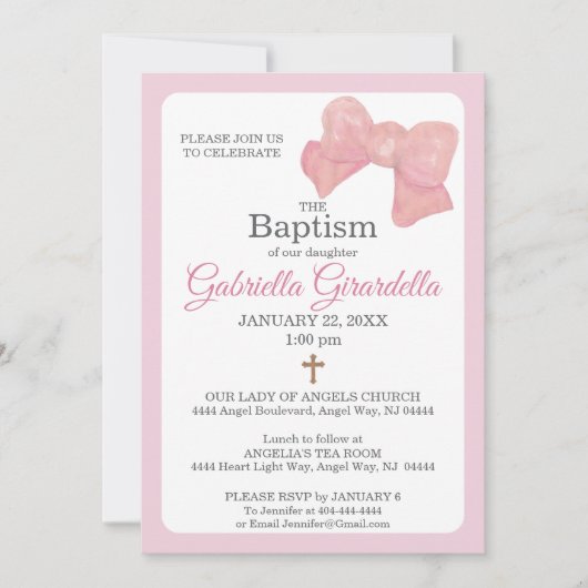 Pink Watercolor Bow & Cross Baptism Invitation Kaart (Voorkant)