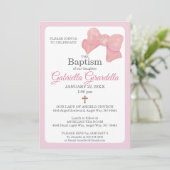 Pink Watercolor Bow & Cross Baptism Invitation Kaart (Staand voorkant)
