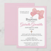 Pink Watercolor Bow & Cross Baptism Invitation Kaart (Voorkant / Achterkant)