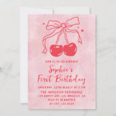 Pink Watercolor Bow Fruit Cherry First Birthday Kaart (Voorkant)