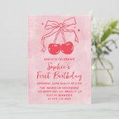 Pink Watercolor Bow Fruit Cherry First Birthday Kaart (Staand voorkant)