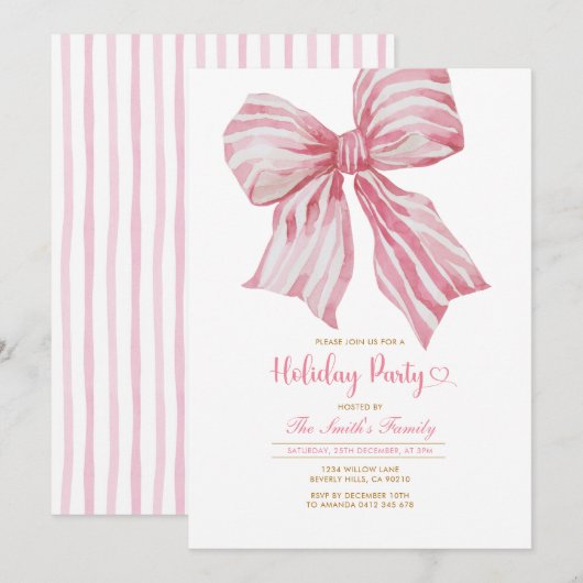 Pink Watercolor Bow Holiday Party Invitation Kaart (Voorkant / Achterkant)