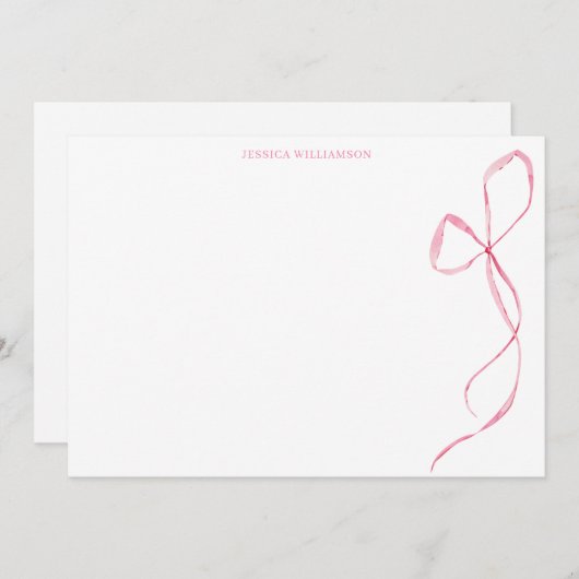 Pink Watercolor Bow Personalized Stationery Bedankkaart (Voorkant / Achterkant)