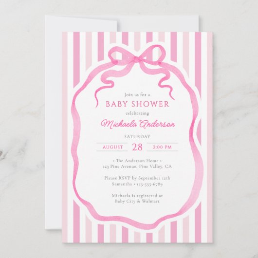 Pink Watercolor Bow & Stripes Baby Shower Kaart (Voorkant)