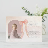 Pink Watercolor Bow Winter Onederland Arch Photo Kaart (Staand voorkant)