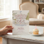 Pink Watercolor Carousel 1st Birthday Announcement Kaart