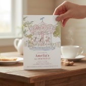 Pink Watercolor Carousel 1st Birthday Announcement Kaart
