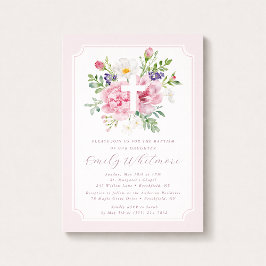 Pink Watercolor Floral Baptism Invitation for Girl Kaart
