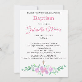 Pink Watercolor Floral Cross Baptism Invitation Kaart