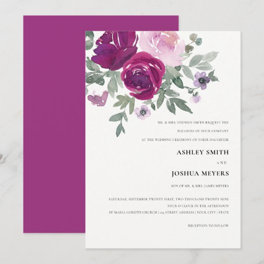 Pink Watercolor Floral Pearl White Magenta Wedding Kaart (Voorkant / Achterkant)