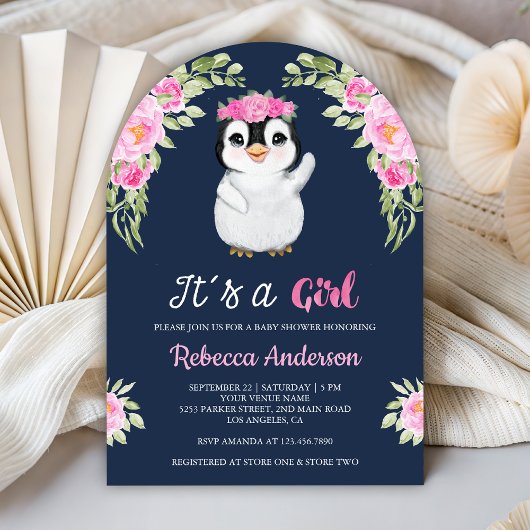 Pink Watercolor Floral Penguin Navy Baby Shower Kaart