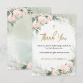 Pink Watercolor Flowers Greenery First Communion Bedankkaart (Voorkant / Achterkant)