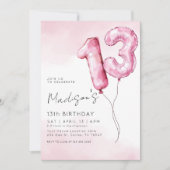 Pink Watercolor Foil Balloon 13th Birthday Kaart (Voorkant)