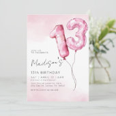 Pink Watercolor Foil Balloon 13th Birthday Kaart (Staand voorkant)
