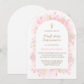 pink watercolor foliage First Holy Communion  Kaart (Voorkant / Achterkant)