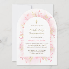 pink watercolor foliage First Holy Communion  Kaart