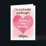 Pink Watercolor Happy 14th Birthday Granddaughter Kaart<br><div class="desc">A pretty watercolor 14th birthday card for girls that features a watercolor heart against a pretty pink watercolor, which you can personalize underneath the heart with her name. The inside of this pretty birthday card reads a birthday gevoel, which can be easily personalized. The back features the same heart along...</div>