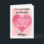 Pink Watercolor Happy 14th Birthday Granddaughter Kaart<br><div class="desc">A pretty watercolor 14th birthday card for girls that features a watercolor heart against a pretty pink watercolor, which you can personalize underneath the heart with her name. The inside of this pretty birthday card reads a birthday gevoel, which can be easily personalized. The back features the same heart along...</div>