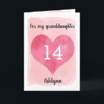 Pink Watercolor Heart 14th Birthday Granddaughter Kaart<br><div class="desc">A personalized pink watercolor 14th birthday card for granddaughter that features a gold heart against pink watercolor. You can personalize the gold heart with the age you need and add her name underneath the heart. The inside message can be easily edited if wanted. The back of the card has a...</div>
