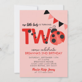 Pink Watercolor Ladybug 2nd Birthday invitation Kaart