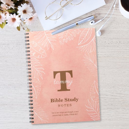 Pink Watercolor Leaves Monogram Bible Study Notitieboek
