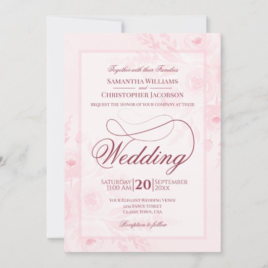 Pink Watercolor Peonies Fancy Script Wedding Kaart (Voorkant)