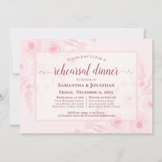Pink Watercolor Peonies Wedding Rehearsal Dinner Kaart (Voorkant)