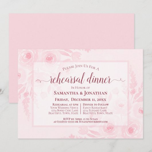 Pink Watercolor Peonies Wedding Rehearsal Dinner Kaart (Voorkant / Achterkant)