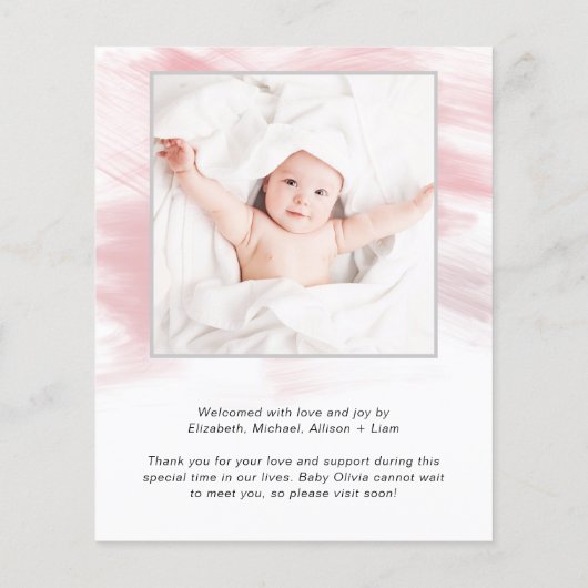 Pink Watercolor Photo Girl Birth Announcement (Achterkant)