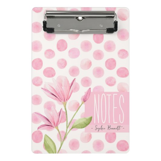 Pink Watercolor Polka Dots & Flowers Mini Klembord (Voorkant)