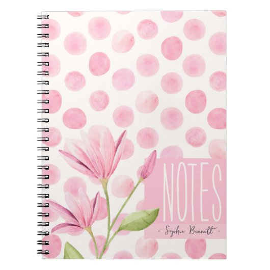 Pink Watercolor Polka Dots & Flowers Notitieboek (Voorkant)